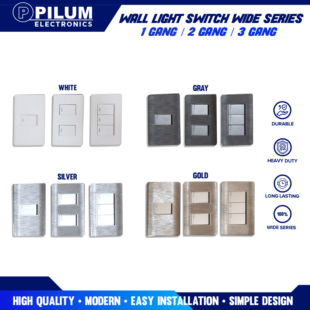 PILUM Premium Wall Switches 1,2,3 Gang / Standard / Gold/ Silver/ Gray ...