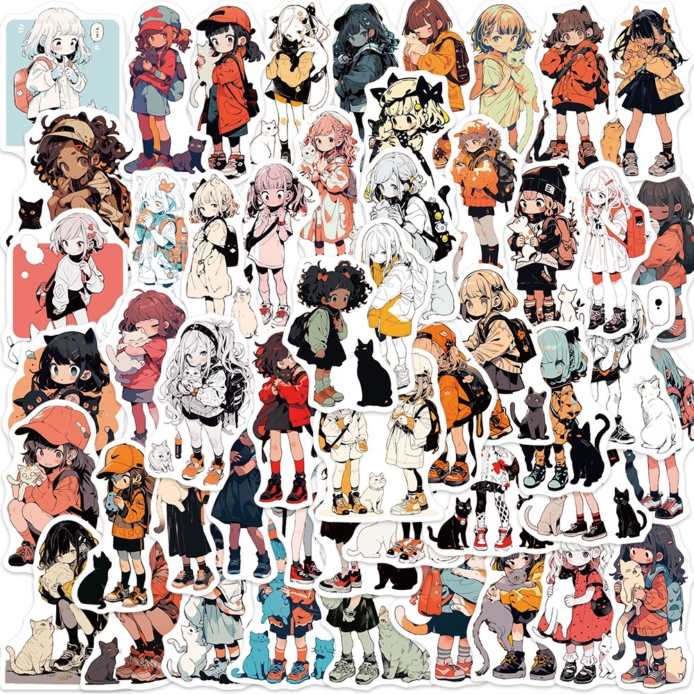50PCS cartoon cute girl and cat Waterproof Graffiti Stickers phone ...