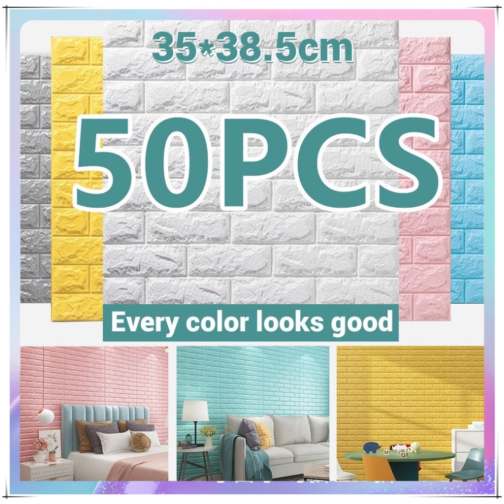 50pcs 38.5*35 Big Sale DIY Self Adhesive 3D Brick Wall Sticker Waterproof Wallpaper Shopee