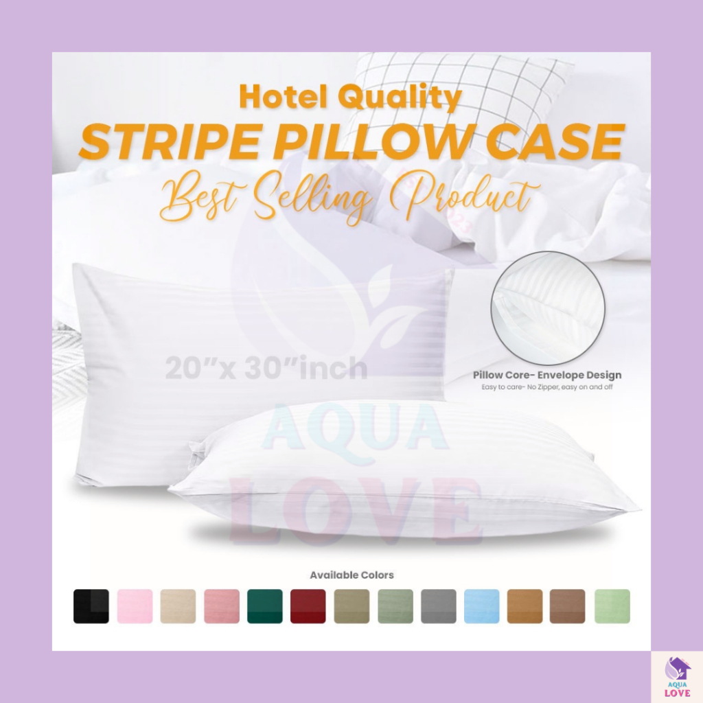 AQUA *Stripe Plain Pillow Case Set of 2pcs, Queen Size Pillowcase