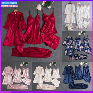 Three Piece Silk Lingerie for Women V-Neck Lace Sleepwear Brief Underwear  Robes Pajama Set 