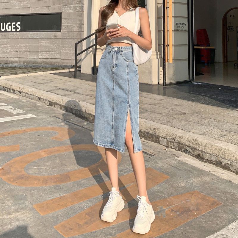 High Waist Side Split Denim Skirt Ladies Denim Long Skirt Fashion ...