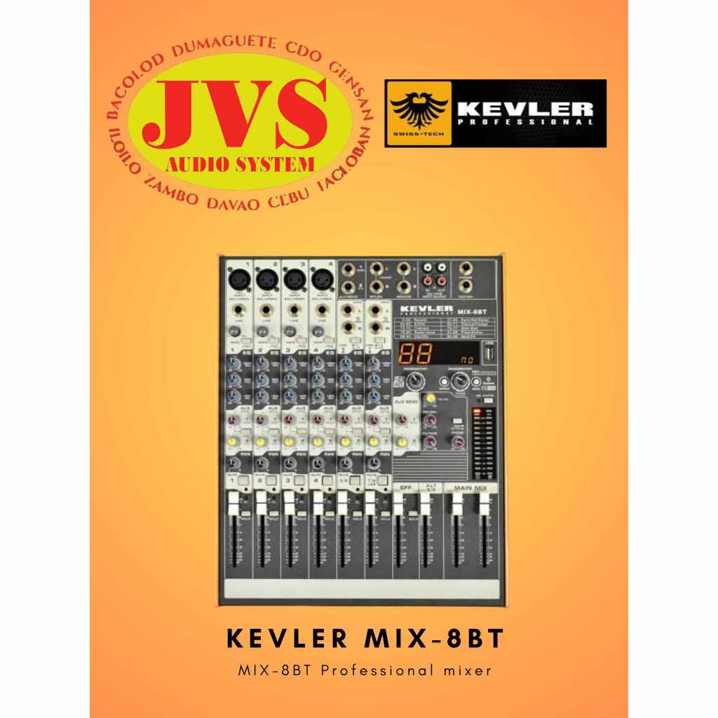 Kevler MIX8BT 8 Channel 4 Mic / Line 2 AUX Mixer w/ 24 Bit 99 DSP w