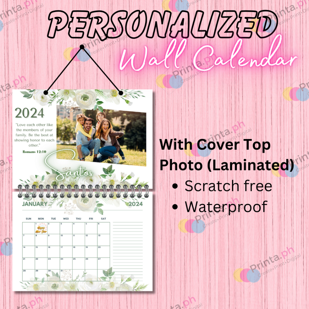 PERSONALIZED WALL CALENDAR 2024 w/ Scratch Free Photo Top Laminated