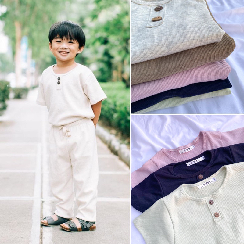 Kids Premium Knitted Cotton Boho Tshirt and Jogger Set Kidswear Pambahay Pajama Terno 110yo