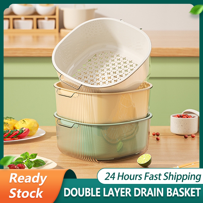 Double-layer Drain Basket Fruit Storage Basin Wash Basket Washing Basin ...