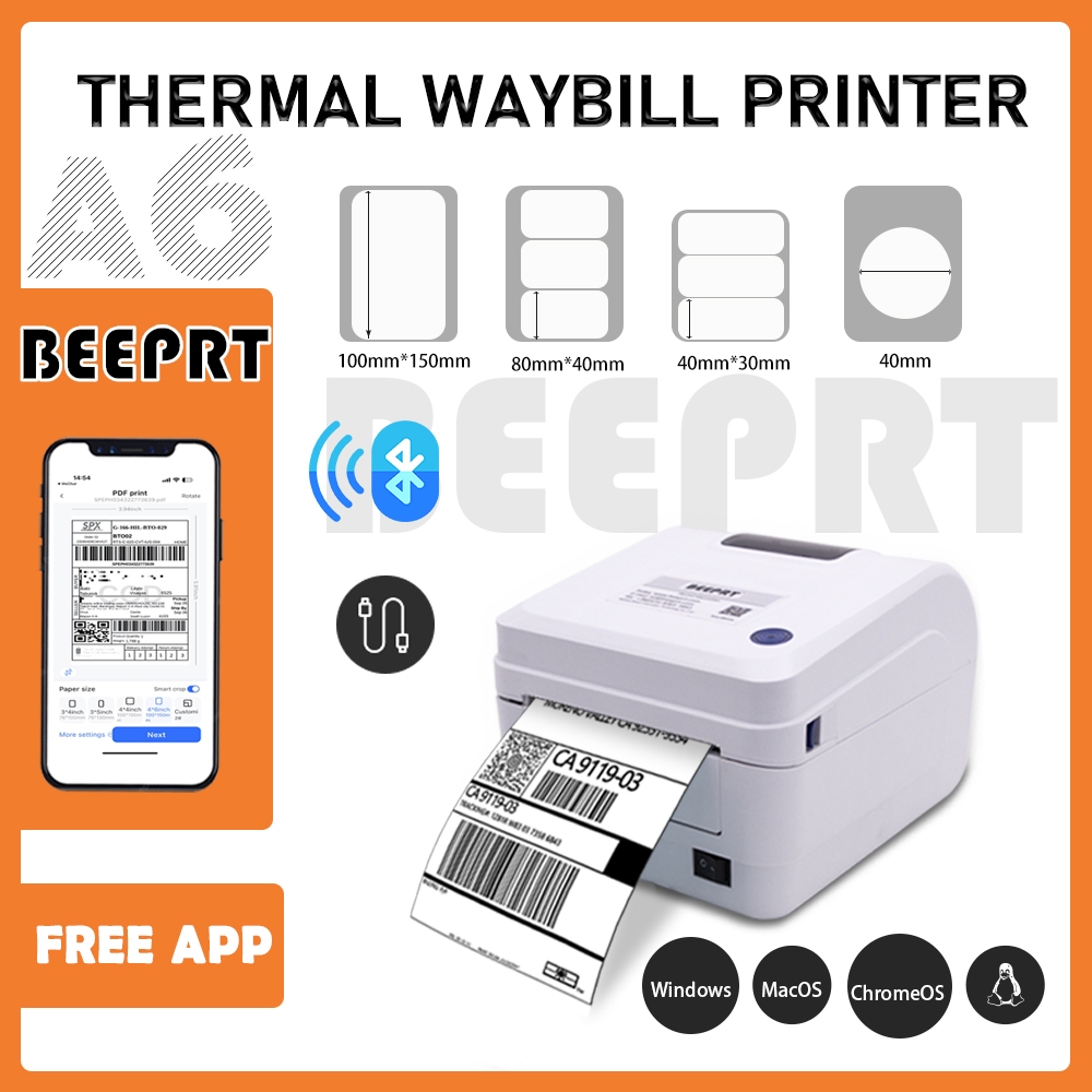 *BEEPRT Waybill Printer thermal Sticker Printer Bluetooth & USB A6