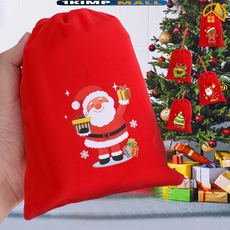 Christmas Theme Red Velvet Cloth Bag/ Random Cartoon Pattern Drawstring ...