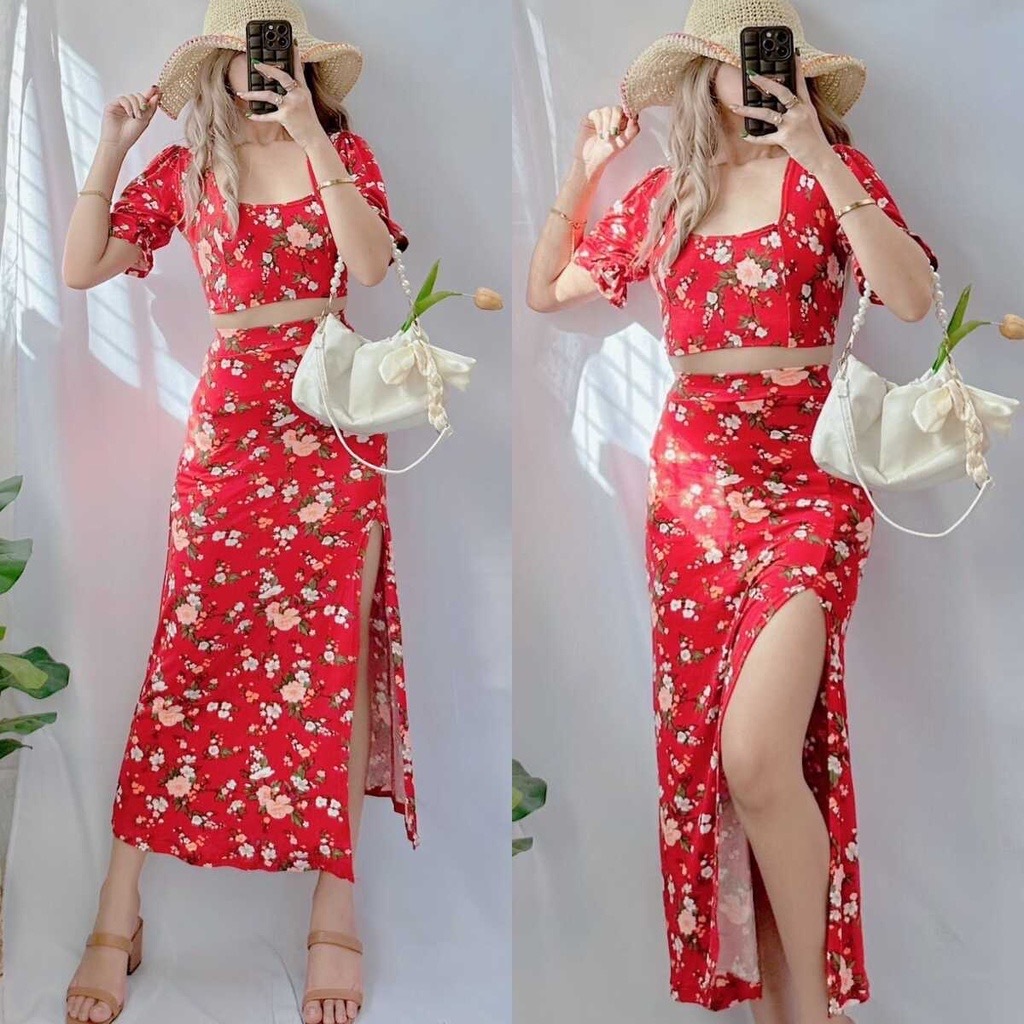 COD summer puff sleeves top & slit skirt dress sexy Ste temo | Shopee ...