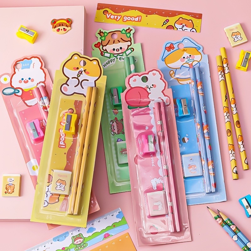 AKT 5in1 pencil ruler set Cute cartoon student stationery set ruler ...