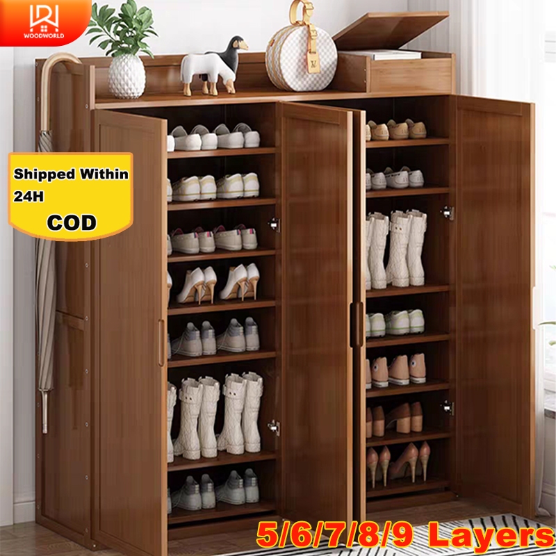 Bamboo Shoe Wooden Shoe Rack With Door 8/7/6/5 Layers Bamboo