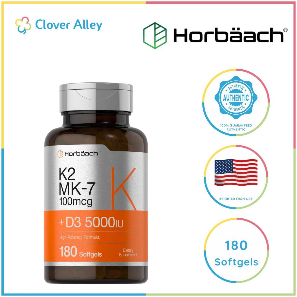 Horbaach Vitamin D3 & K2 5000IU & 100mcg MK7 180 sgels (09/2026 Exp