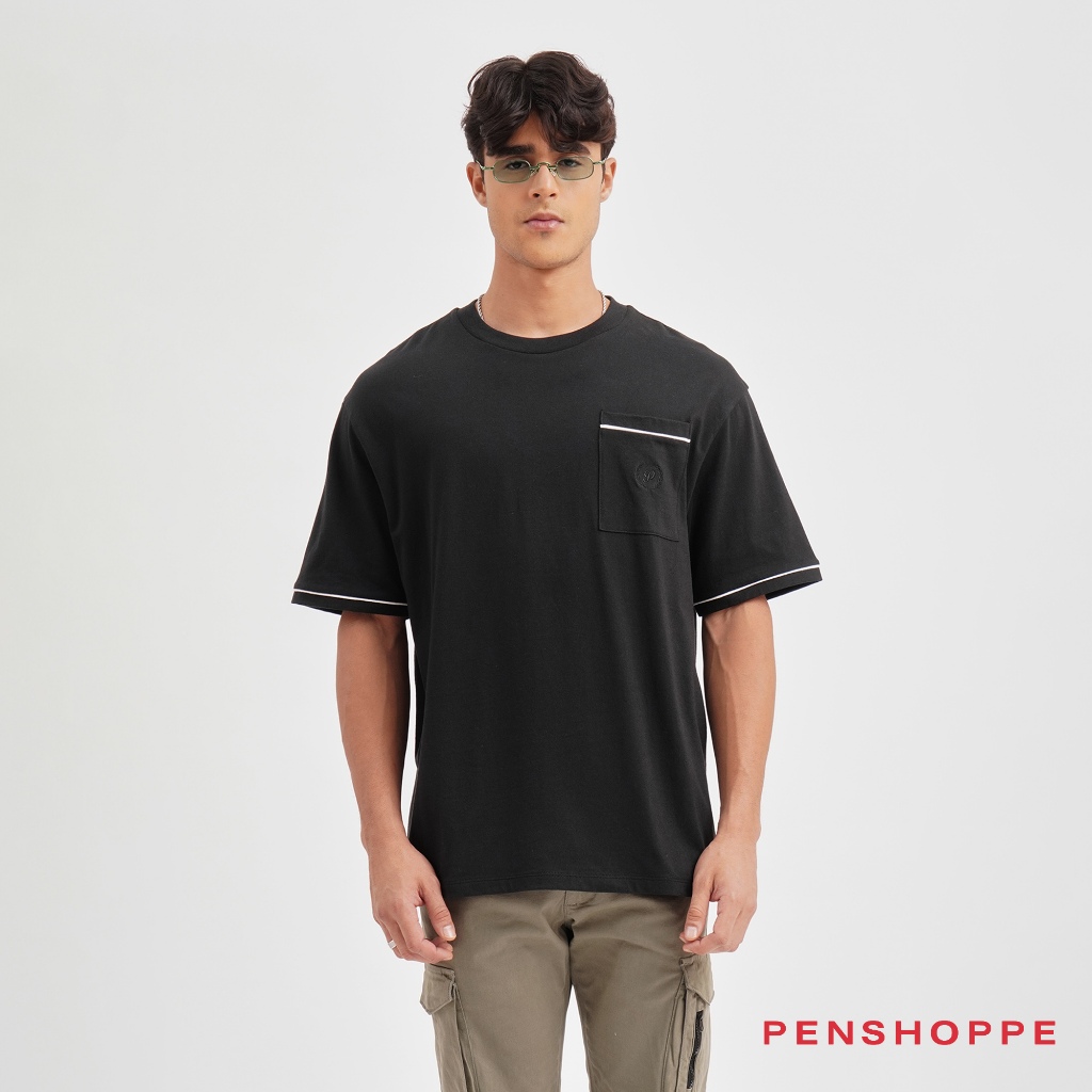 Penshoppe Relaxed Fit T-Shirt With Piping Detail For Men (Black