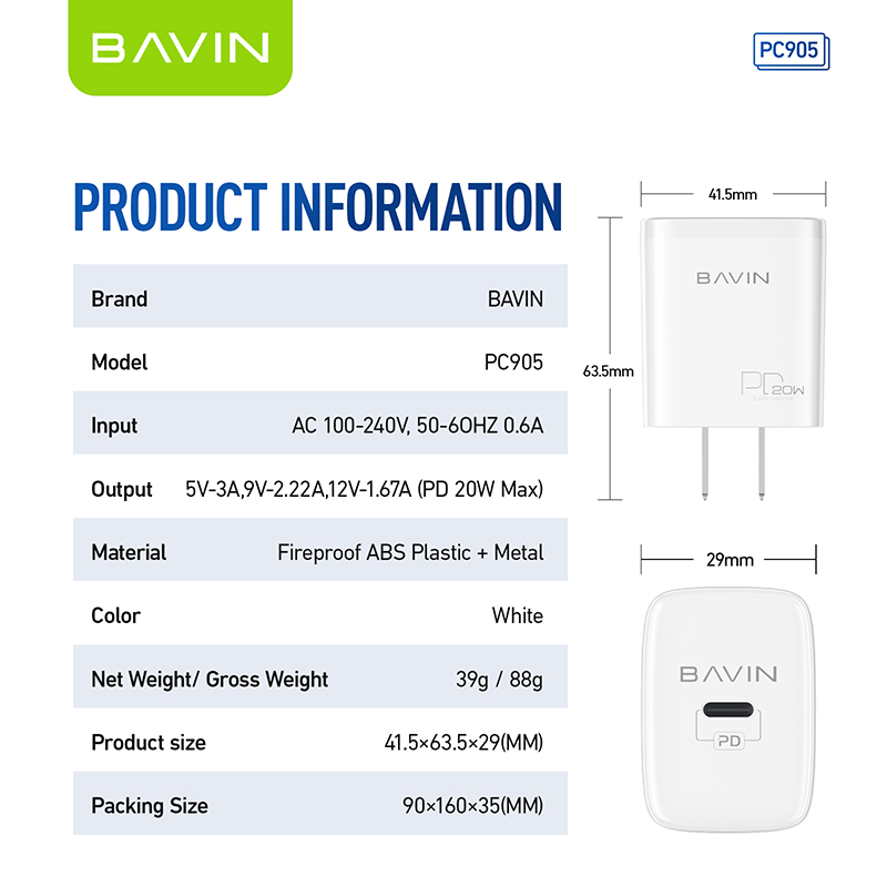 BAVIN PC905 PC902 20W QC3.0 Fast Charging Adaptor Dual Port USB and USB ...