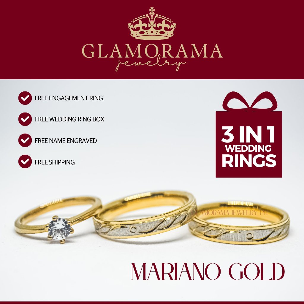 18K GOLD STEEL (3 in 1 SET) NON TARNISH WEDDING RINGS W/ ENGAGEMENT