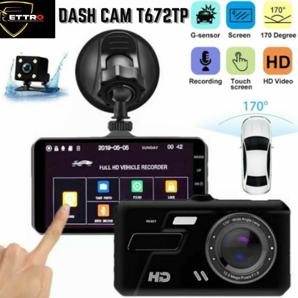 ETTRO 4 inch T672TP M2 Touch Screen Dash Cam 4" 1080P Dual Lens Car DVR