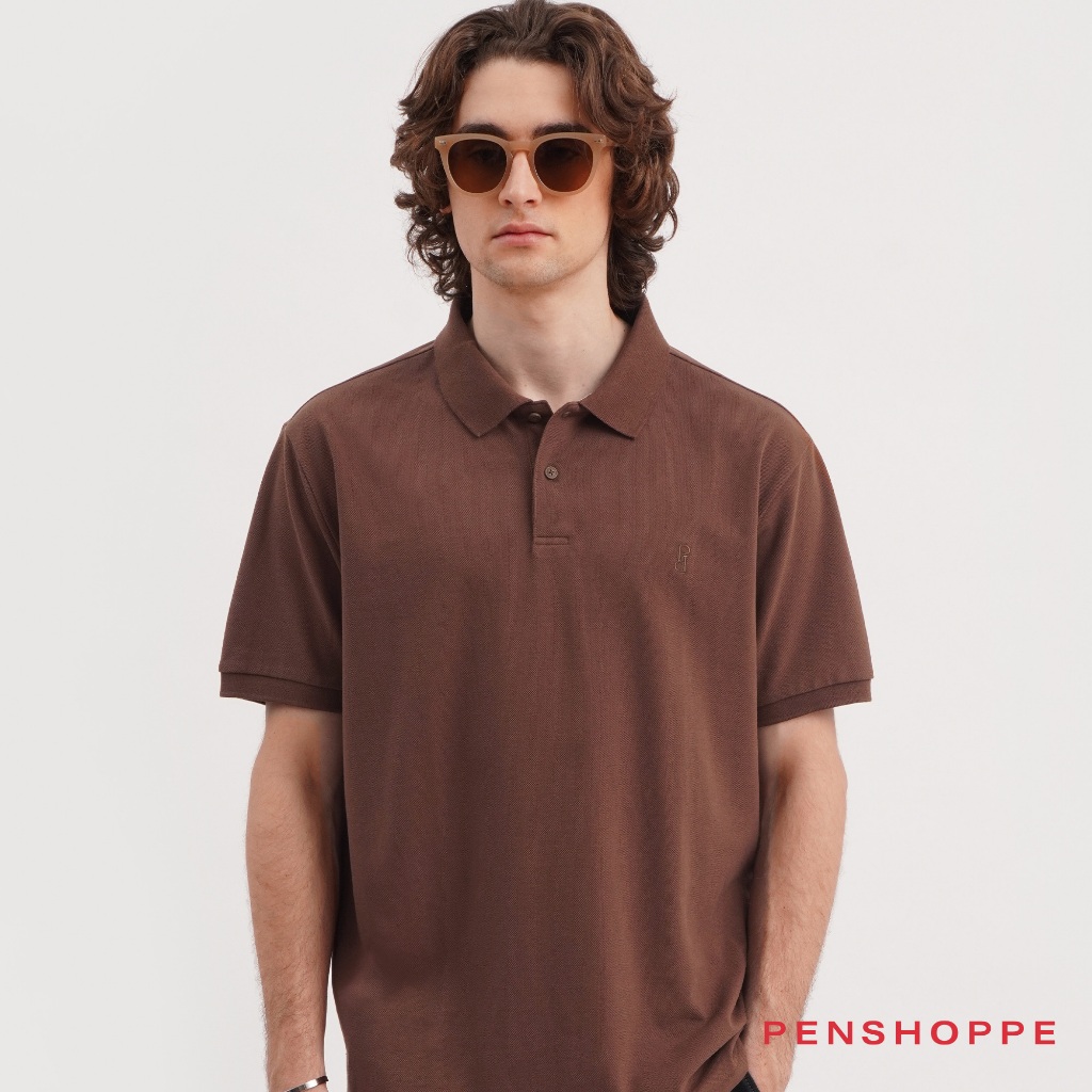 Penshoppe Relaxed Fit Polo With Embroidery For Men Black Burnt Olive Chocolate Brown Maroon