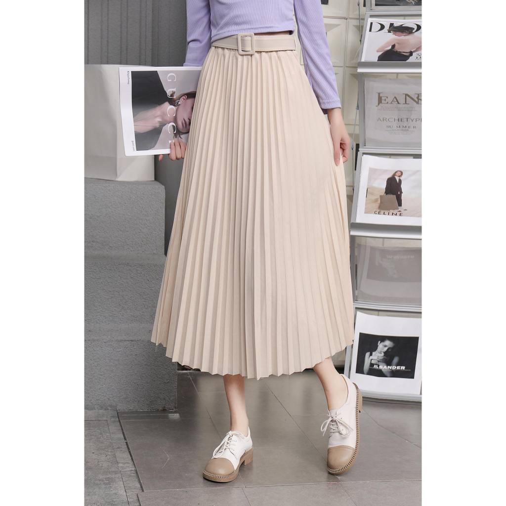【Anyone more】Mode Pleated Midi Skirt Black High Rise Pleated Midi Skirt