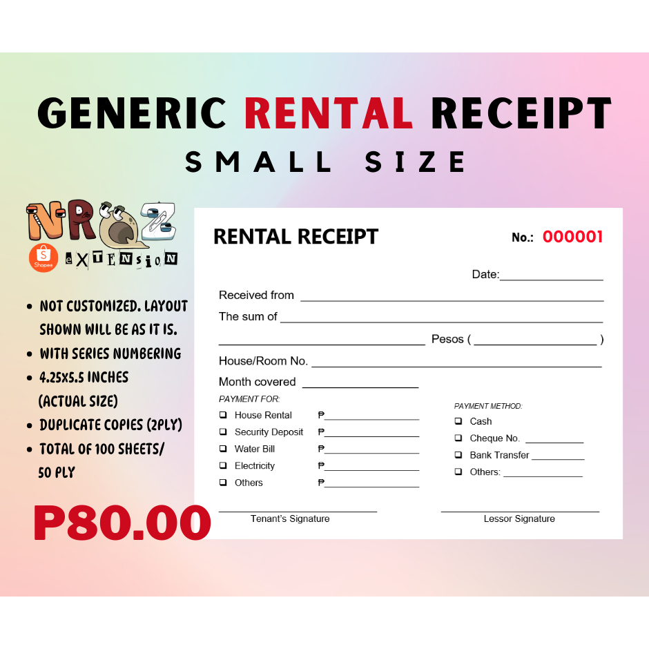 RENT RECEIPT / RENTAL Carbonized -- Generic Only | Shopee Philippines