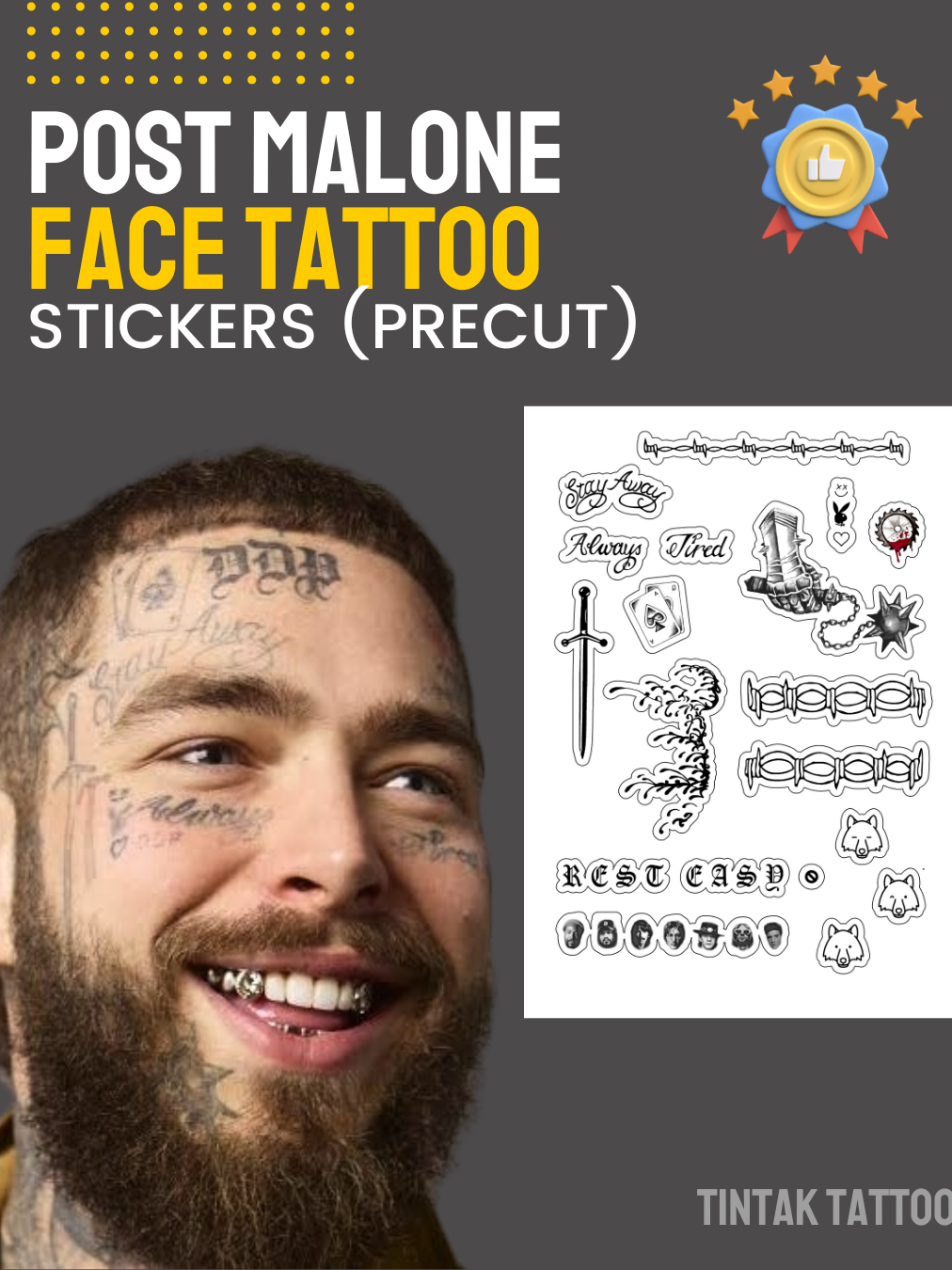 Post Malone Inspired Face Temporary Tattoo Stickers by Tintak Tattoo ...