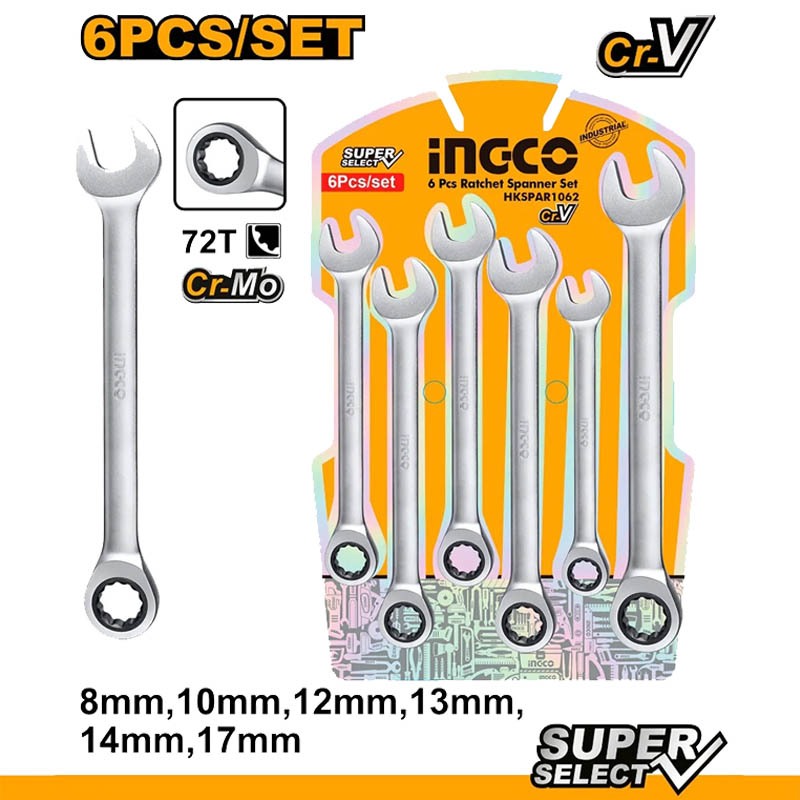 INGCO 6PCS/SET Ratchet Spanner Industrial Ratchet Set 8-17MM HKSPAR1062 ...