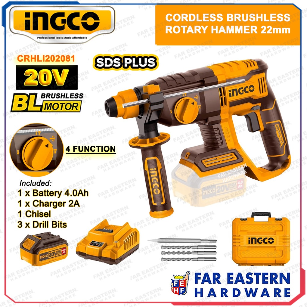 INGCO Cordless Brushless Rotary Hammer Drill 22mm SDS+ 20V CRHLI20208 ...