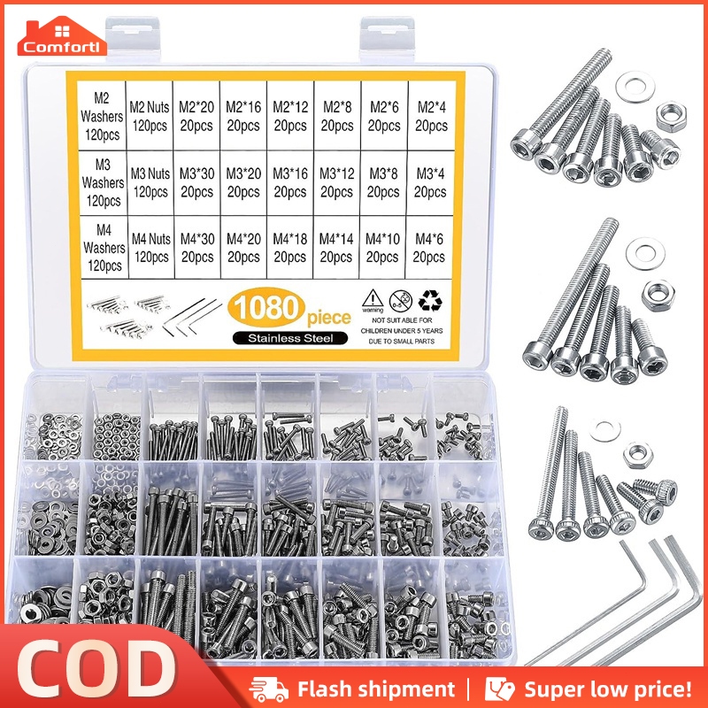 1080PCS Nuts and Bolts Set 304 Stainless Steel M2 M3 M4 Flat Head Hex ...