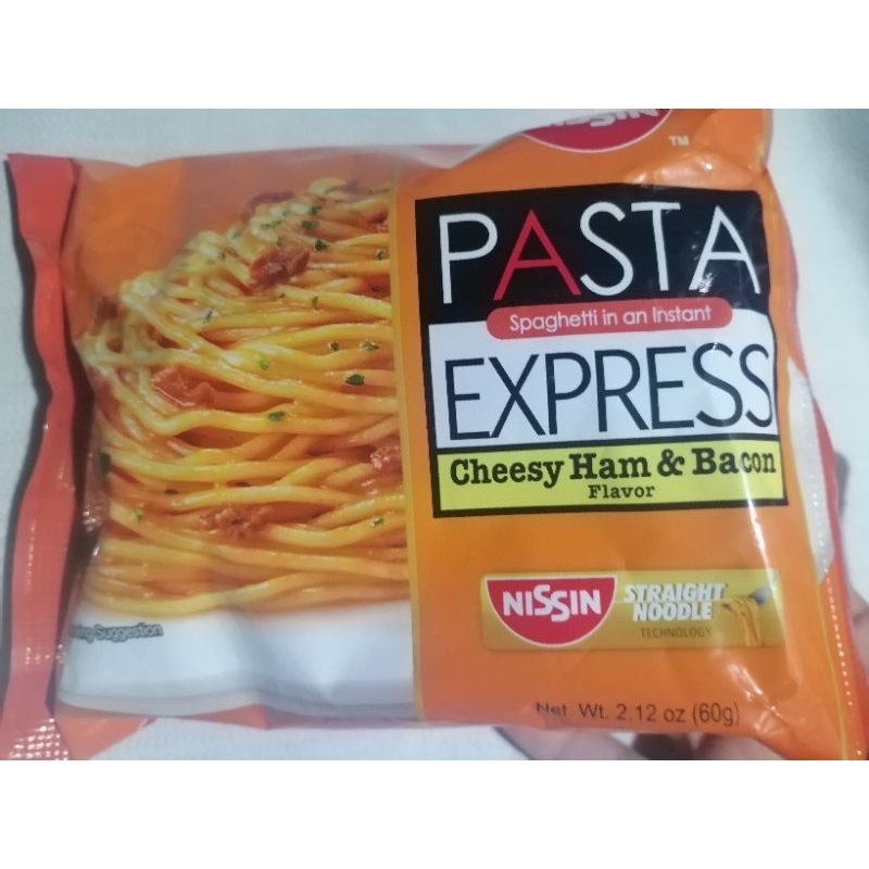Nissin pasta express spaghetti chessy ham and bacon flavor 60g Shopee