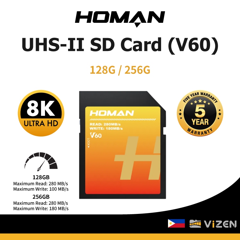 HOMAN UHSII SD Card V60 128G 256G SDXC UHSII V60 Full 8K + & RAW READ
