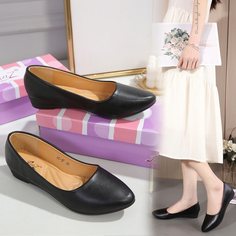 [LIN] Classic 1 inch wedge heel pointed toe black leather shoes ...
