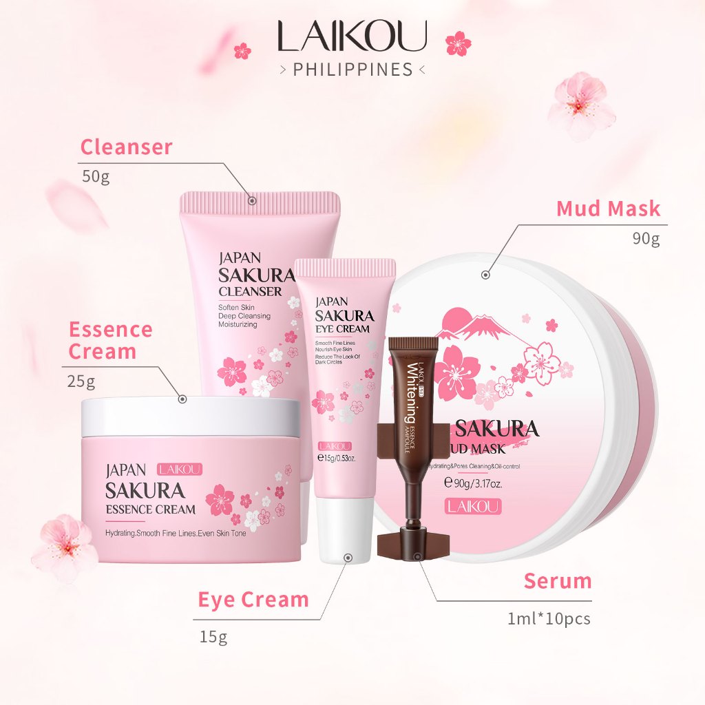 LAIKOU Japan Sakura Skin Care Set Brightening Antiwrinkle Cleanser Serum Cream Eye Cream 5pcs