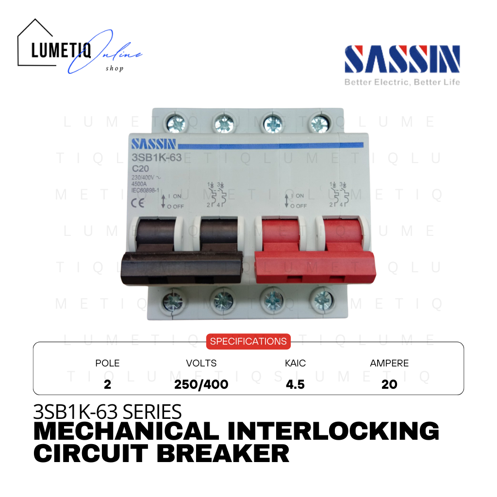 Sassin Din Rail Mechanical Interlocking Circuit Breaker (MTS) 2 Pole 6Kaic 32A/63A/100A Shopee