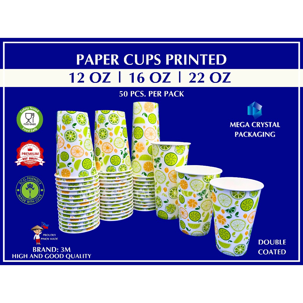 [ 50 Pcs ] Paper Cup Printed / Design / Party Cups 12 oz / 16 oz / 22 ...