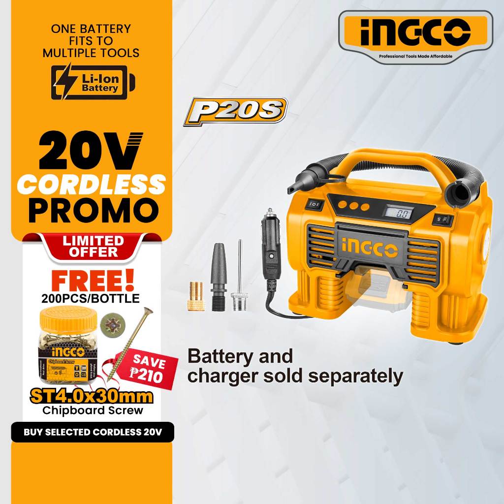 Ingco 20V Lithium-Ion Cordless Auto Air Compressor Tire Inflator P20S ...