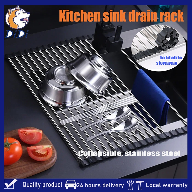 Kitchen Roller Shutter Drain Rack Stainless Steel Fruit Vegetable Dish ...