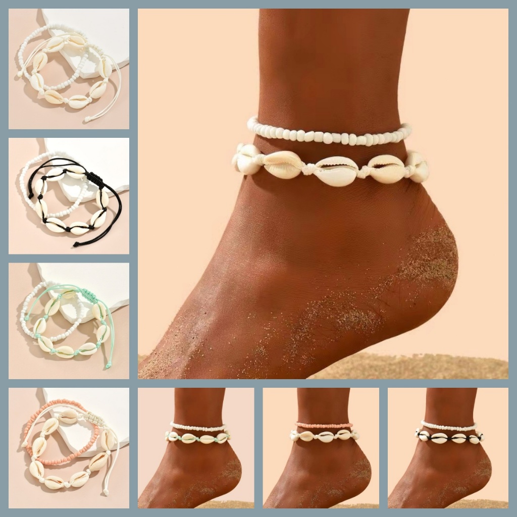 2Pcs set Beaded natural shells anklet for woman non tarnish adjustable ...