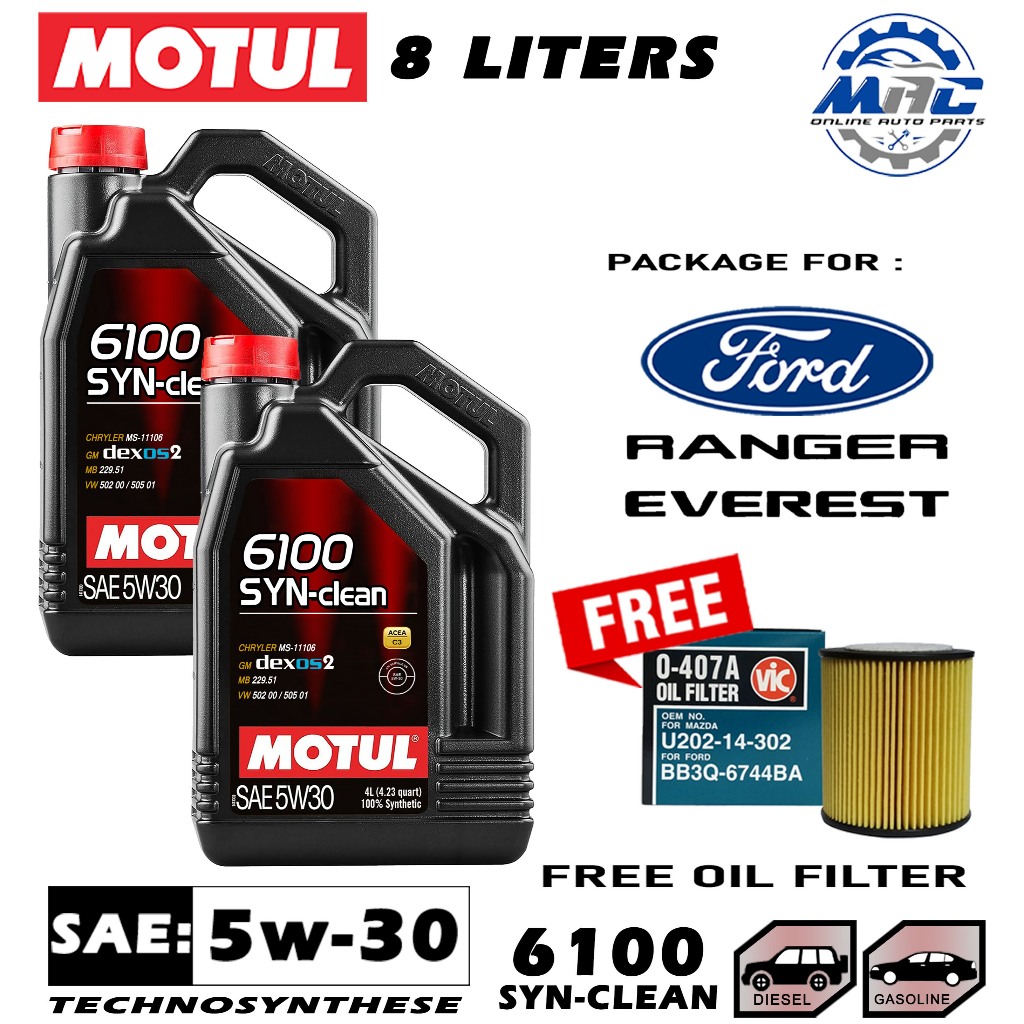 Motul 6100 Syn-Clean 5w-30 8 LITERS ENGINE OIL PACKAGE FORD EVEREST AND ...