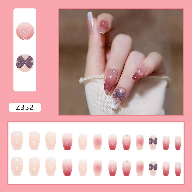 24 Pcs Long Fake Nails Set With Glue French Nail Diy Design Decorative