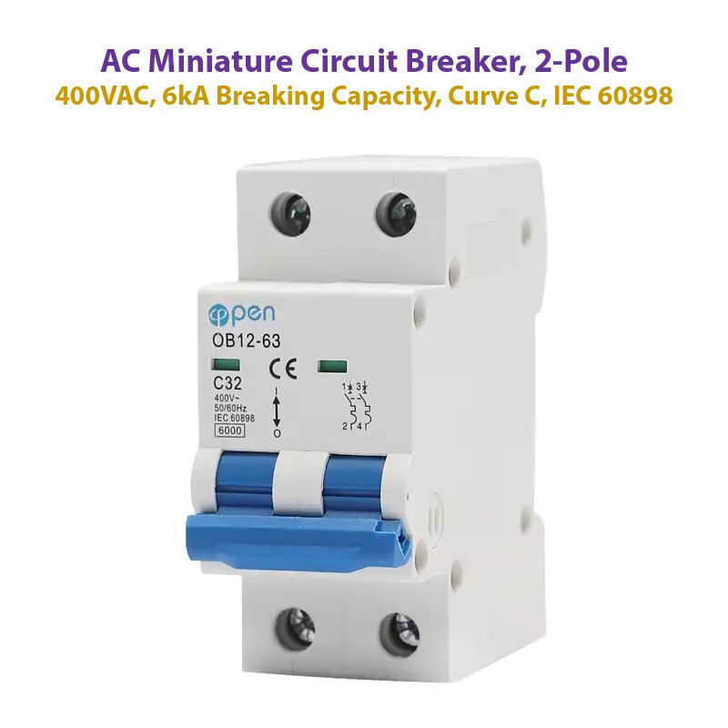 AC Miniature Circuit Breaker 2-Pole 400VAC 6kA Breaking Capacity Curve ...