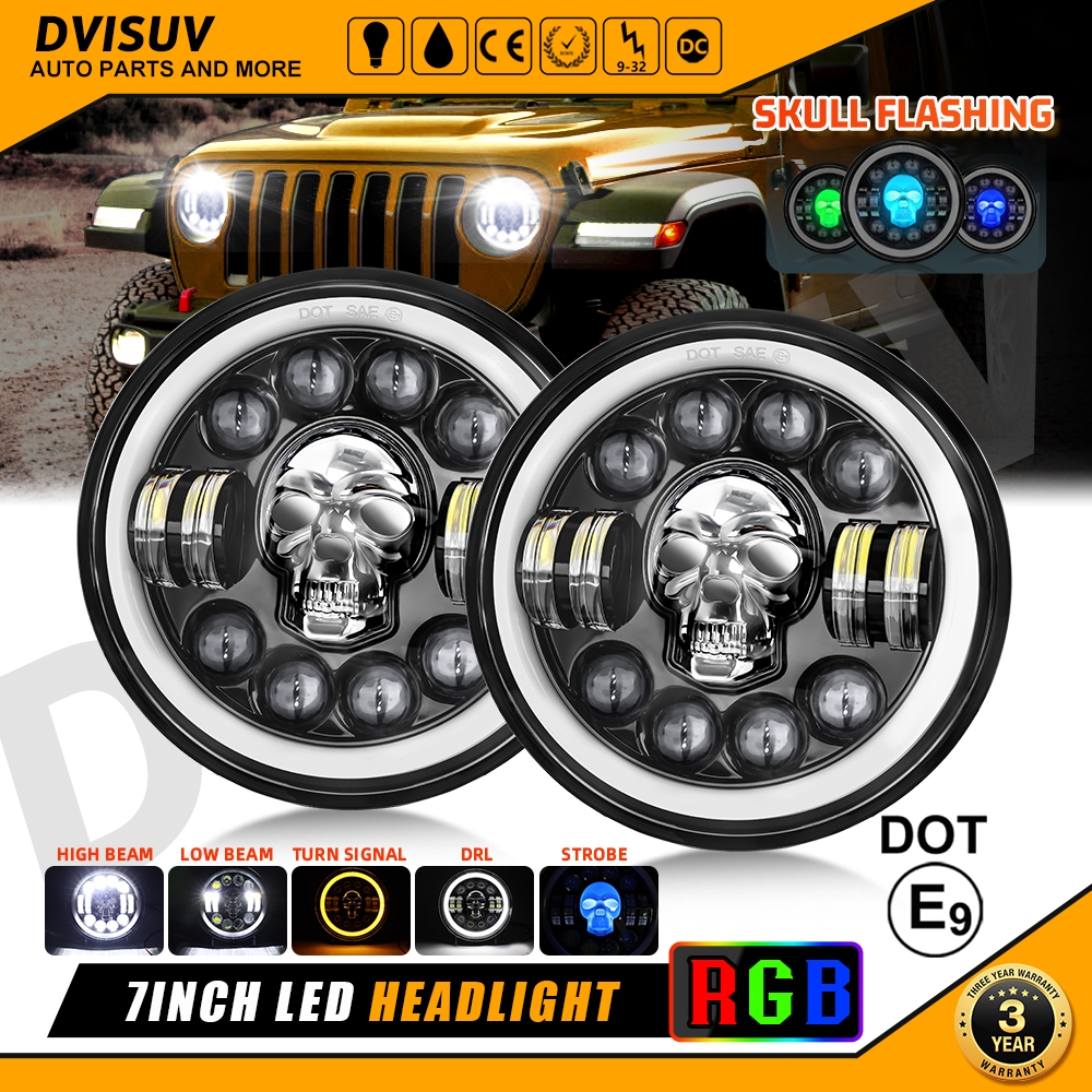 7 Inch Motorcycle Headlight Round RGB Skull Headlamp Angel Eye IP68 ...
