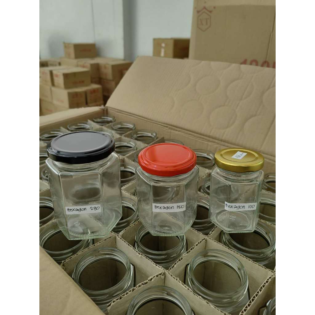 1pc Hexagon Glass Jar With Metal Lid 85ml 100ml 180ml 280ml Clear Bottle Honey Storage Container