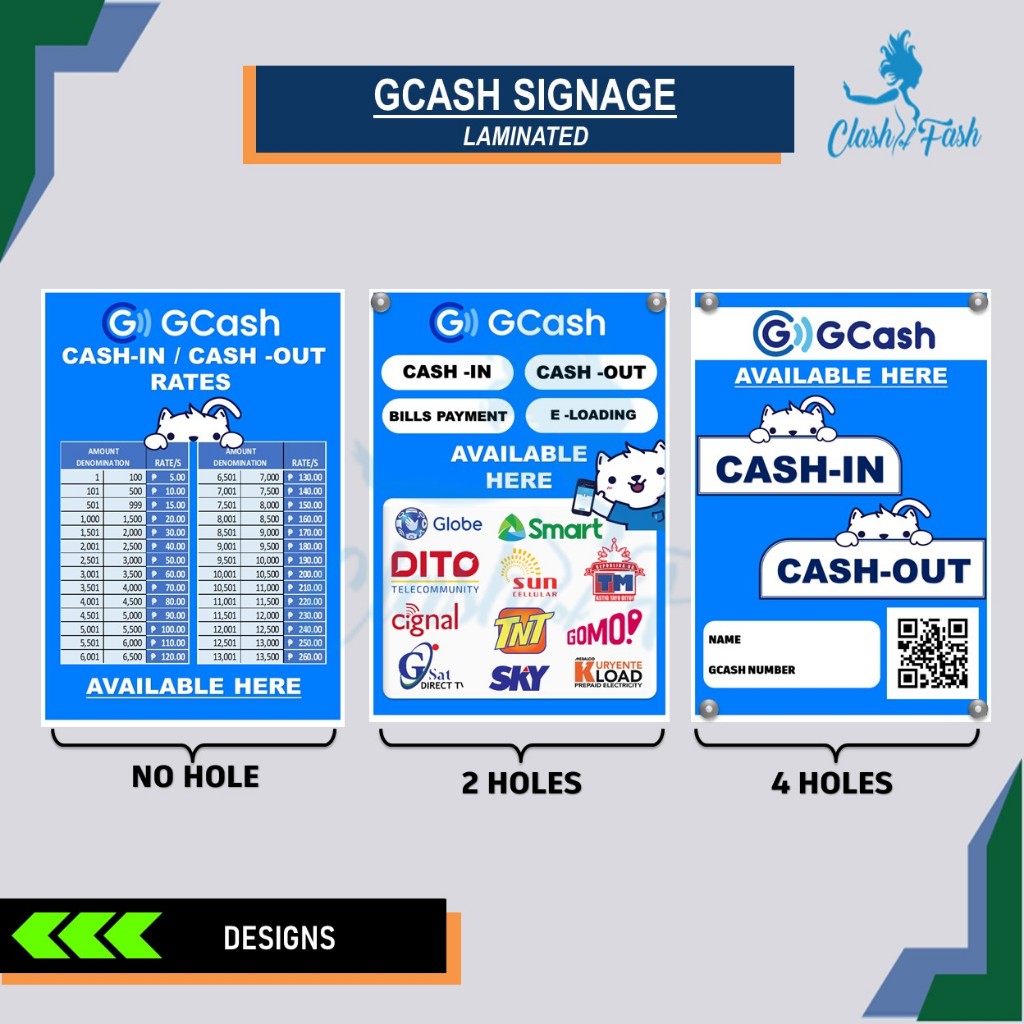 Laminated Signage: GCASH CASH-IN CASH-OUT RATES A4 (8