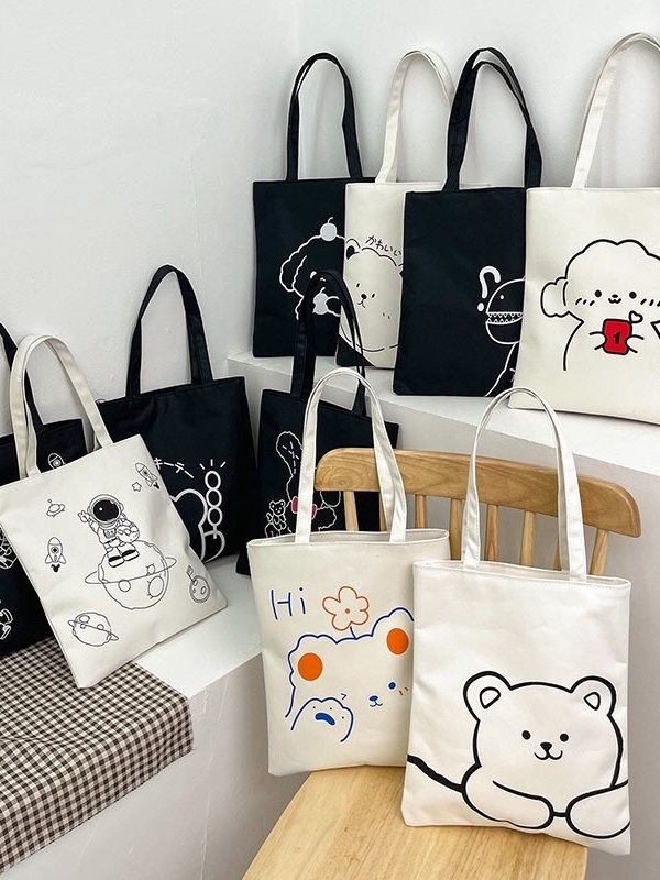 Korean Style Black and White Canvas Bag Fashion Printing Cartoon