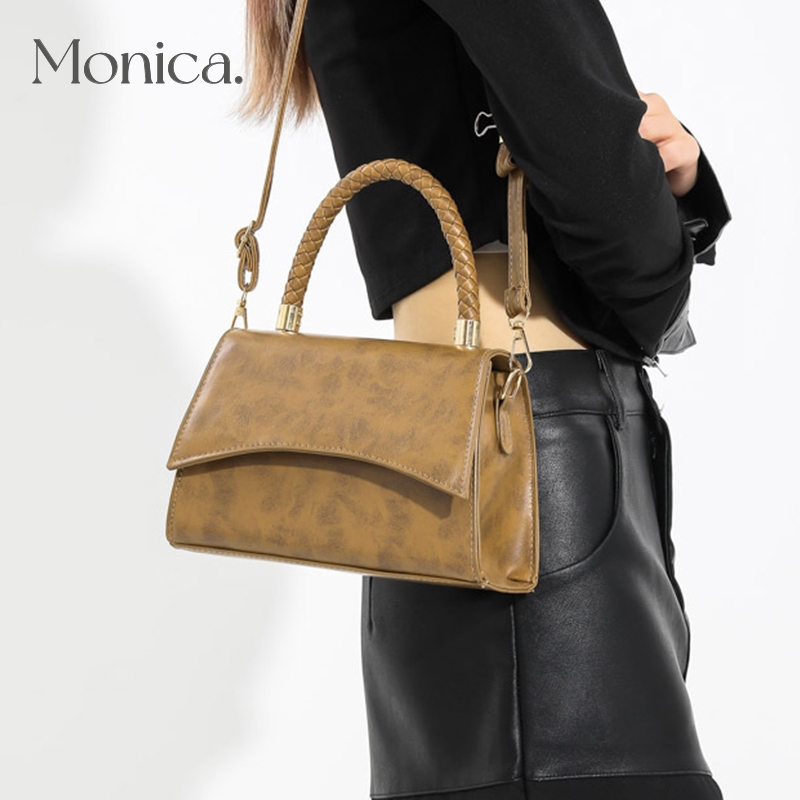 【Monica】Women PU Shoulder Bag Korean Style Fashion Metal Crossbody Bag  Girls Simple Diagonal Bag