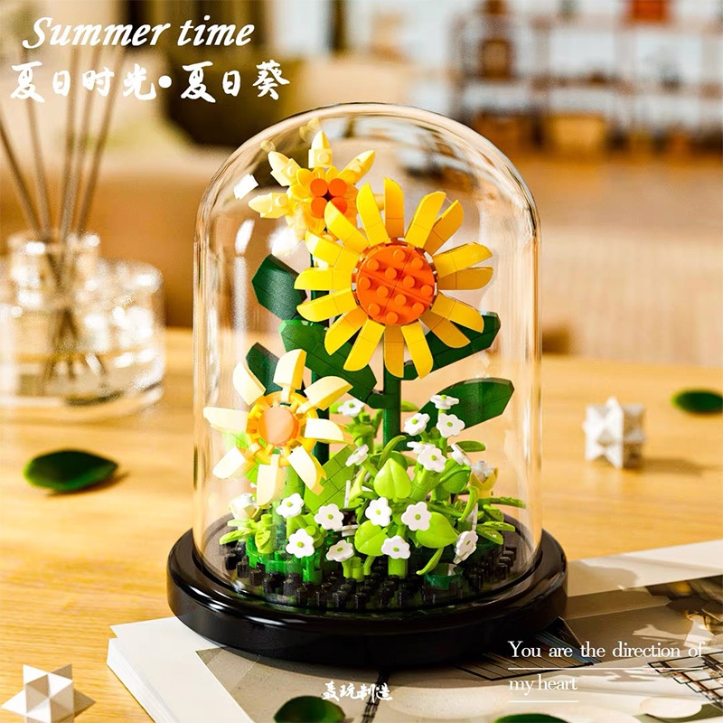 Flowers Set Building Blocks Toys Tulips Rose Sunflower with Glass Cover ...