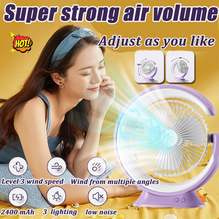 Portable electric fan rechargeable fan with 3 LED light strong wind usb ...