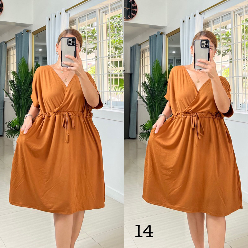 3XL 4XL Plus Size Plain Overlap Midi Dress Cotton Spandex Fabric Shopee Philippines