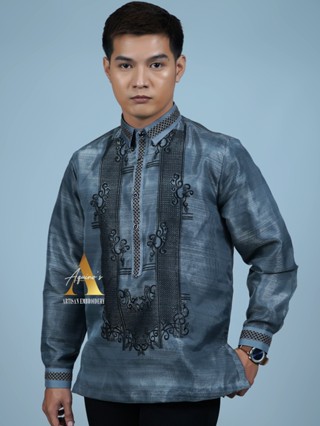 AQUINO'S ARTISAN EMBROIDERY Barong Tagalog for Men Piña Black Organza ...