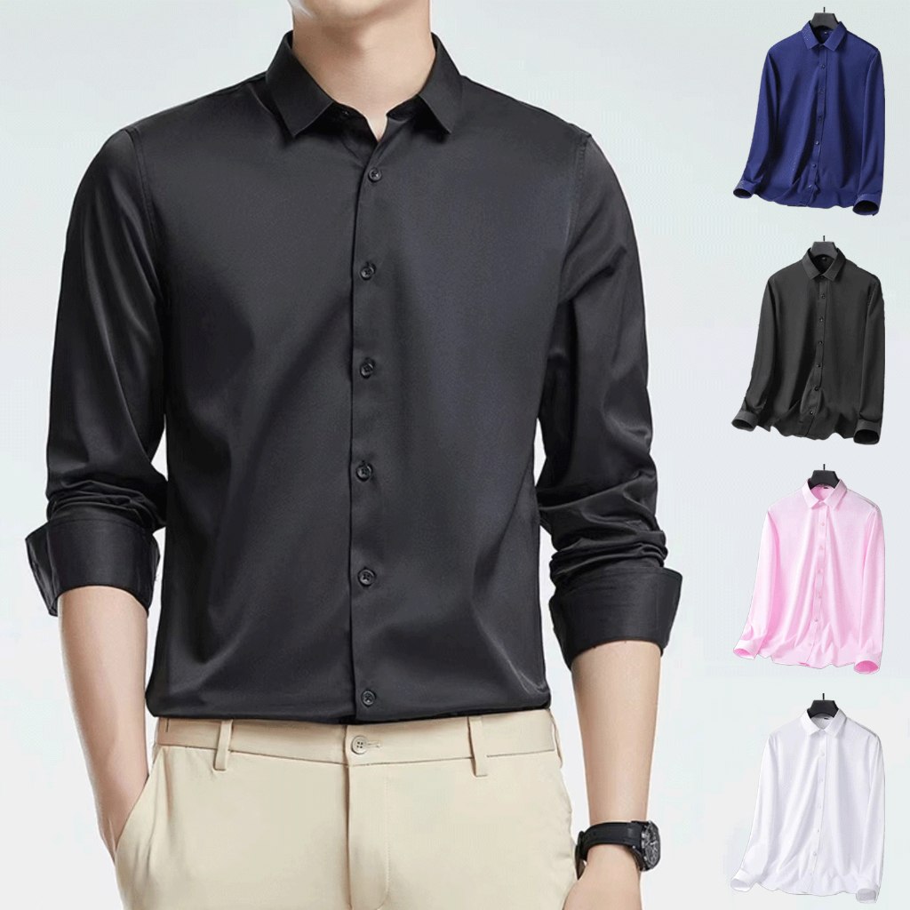 [S-XL] Men Formal Shirt Black Long Sleeve Office Shirts Plus Size Slim ...