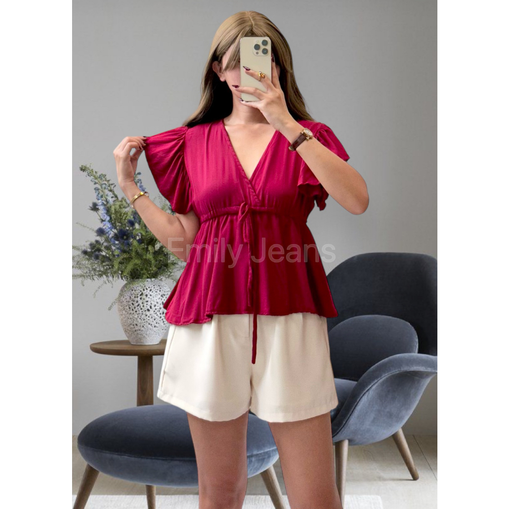 EMILY Challis Sexy V-Neck Ribbon Tie Waist Ruffle Sleeve Comfy Short ...